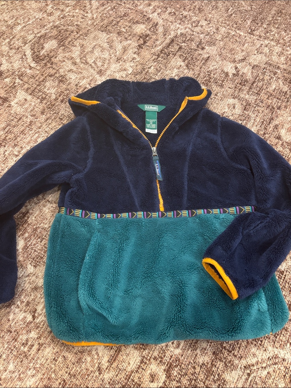 L.L. Bean Navy & Teal Kids Fleece Half-Zip Hoodie with Gold Trim